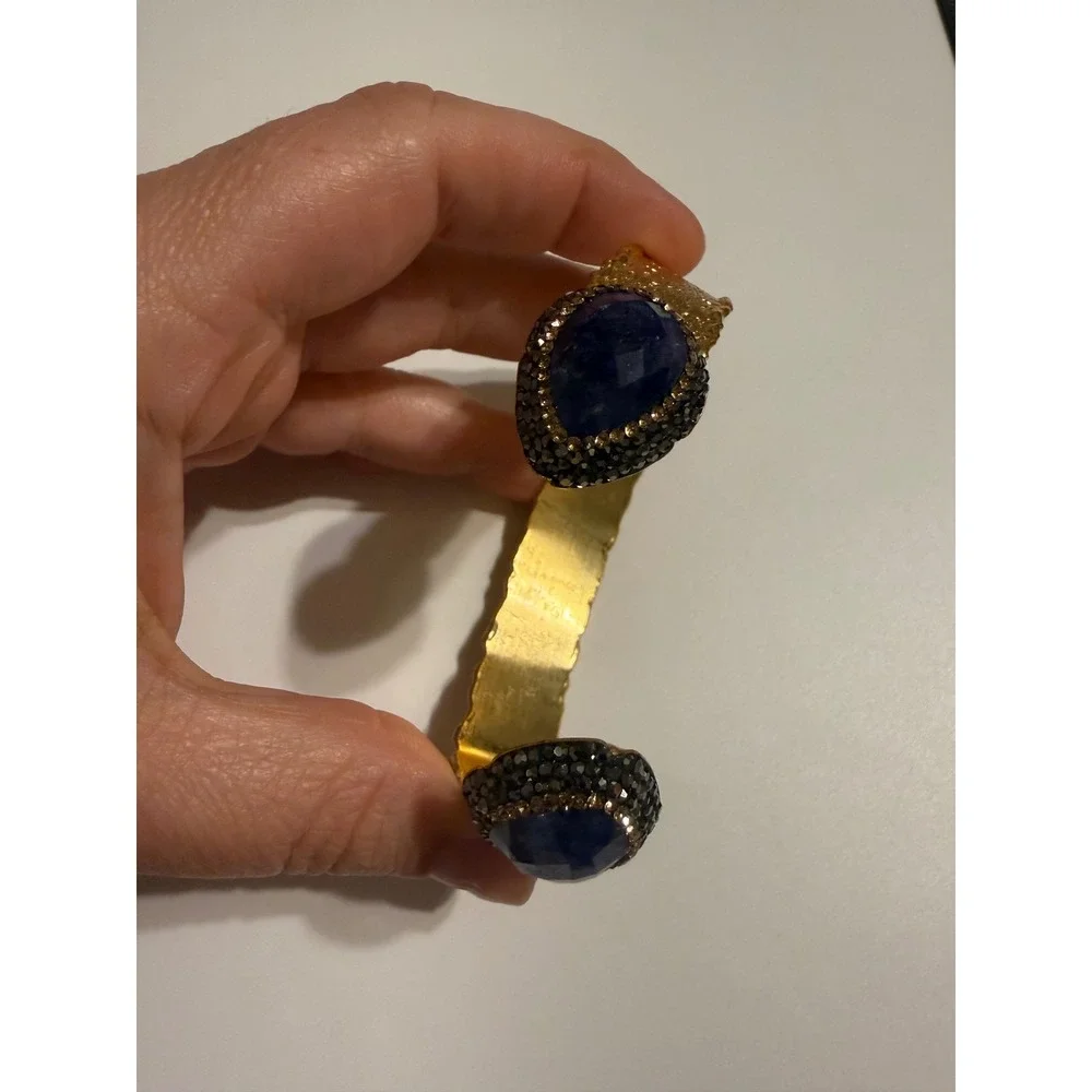 Hammered Gold Tone Blue Stone Pave Crystal Open‎ Cuff Statement Bracelet